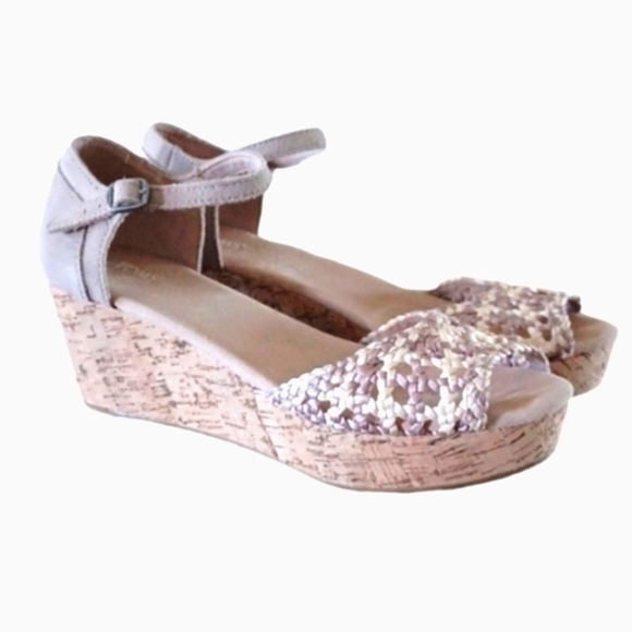 Toms Shoes - TOMS Stucco Satin Woven Peep Toe Platform Cork Wedges - 8